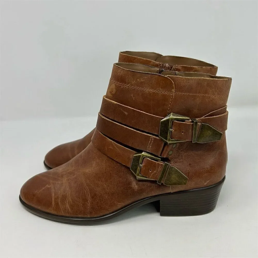 Aerosoles Women's My Time Brown Leather Ankle Boots Size 10 Zip Buckle Mid Heel
